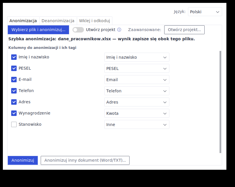 Zakładka Anonimizacja z wykrytymi kolumnami i tagami po wczytaniu pliku Excel