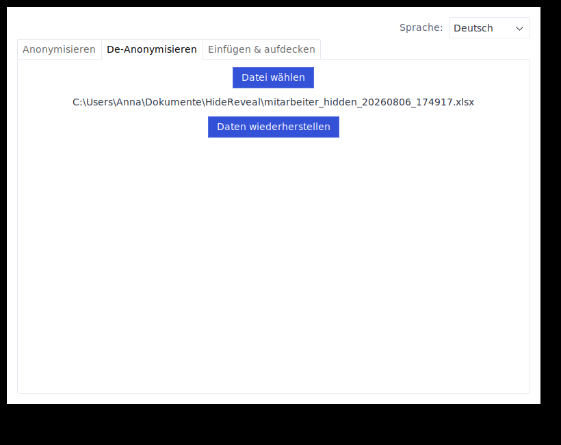 Der Tab De-Anonymisieren mit ausgewählter Datei, bereit zur Wiederherstellung der Daten