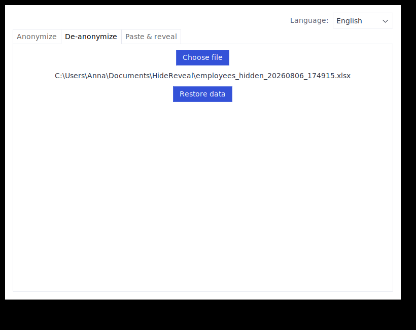The De-anonymize tab with a file selected, ready to restore the data