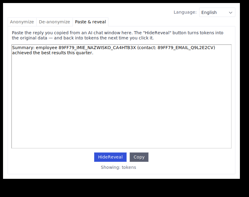 The Paste and reveal tab with pasted text containing tokens