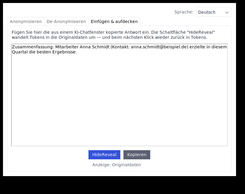 Derselbe Text nach dem Klick auf HideReveal, mit wiederhergestellten Originaldaten